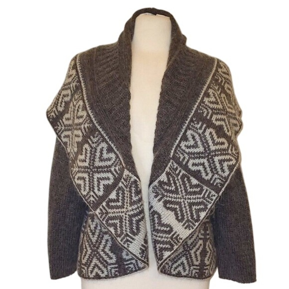 Skovhuus Danish Knit Beige Cream Native Pattern Wide Cowl Open Sweater - S by